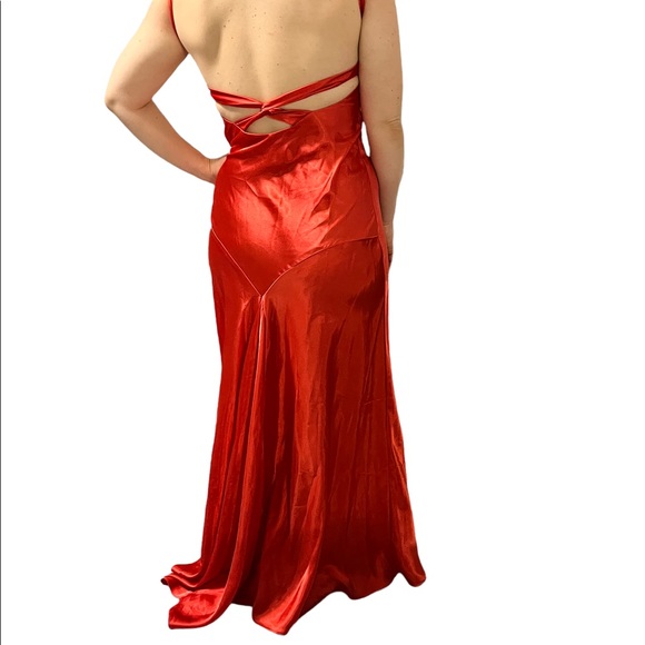 Orange Satin Strappy Formal Low Open Back Gown Prom Dress Size 9 - Picture 4 of 11